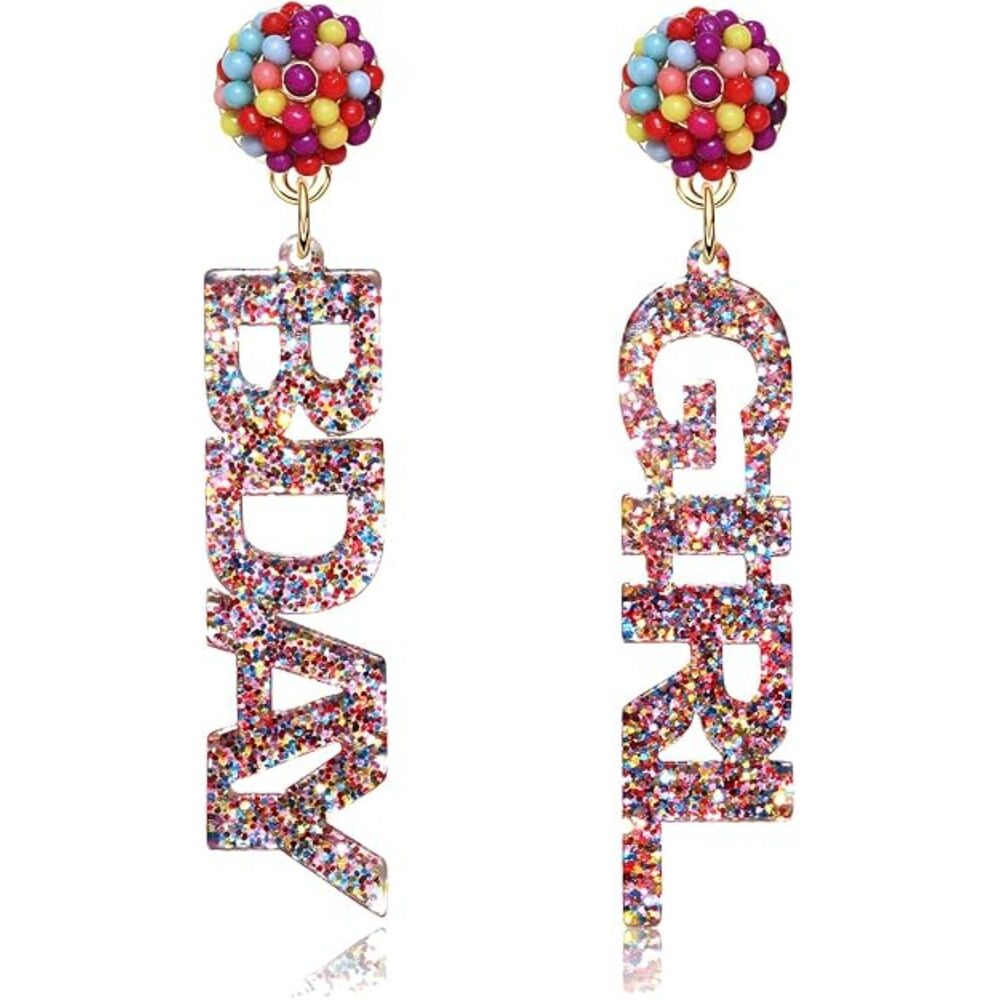 Beaded Glitter BDAY Letter Dangle Earrings - Acrylic
